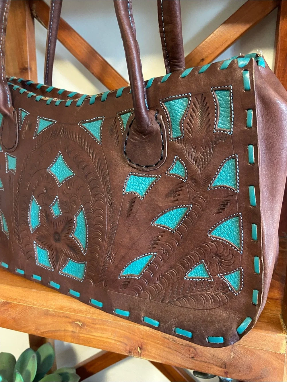 Leaders in Leather Paraguay Handbag Hand Tooled Cutout Satchel Brown Teal EUC
